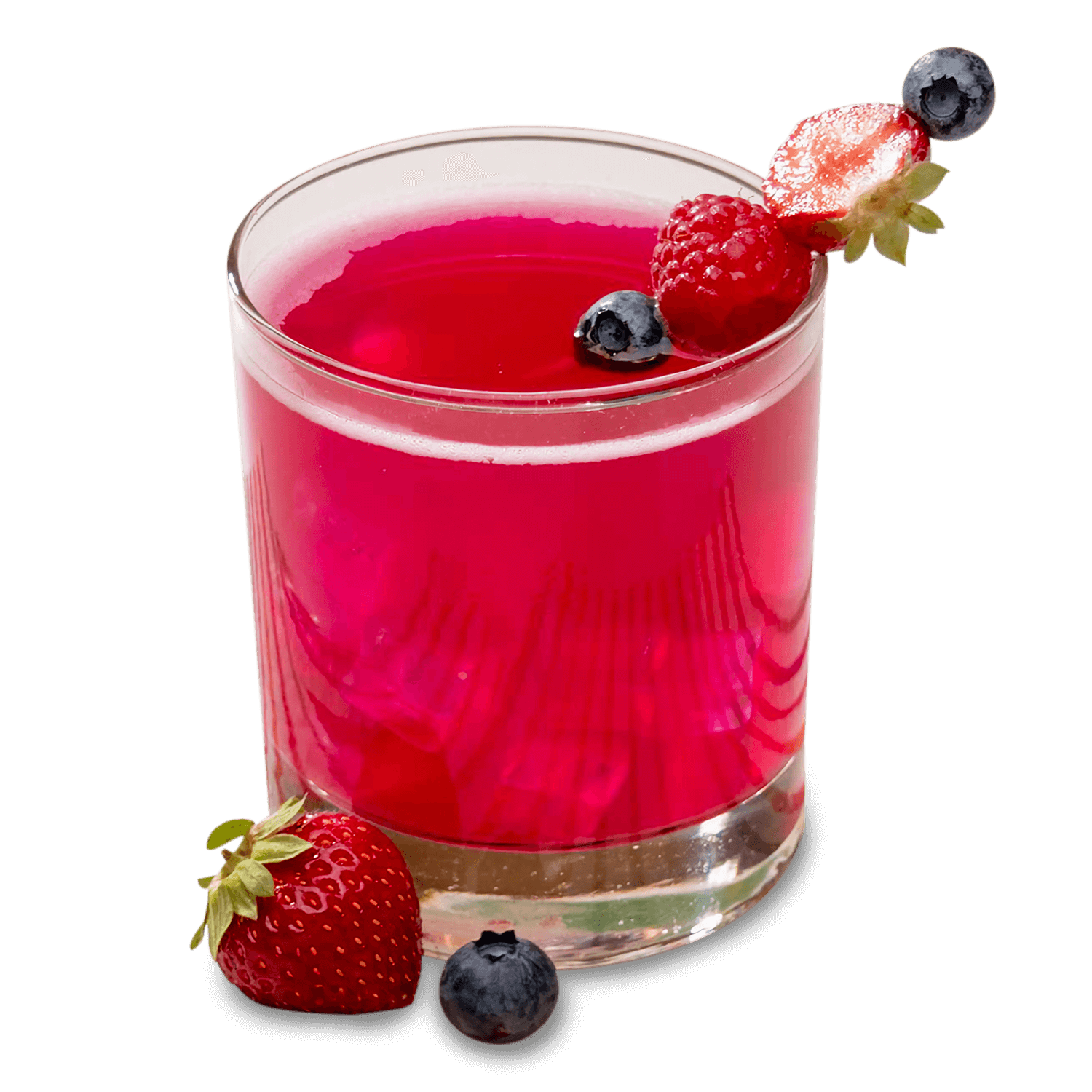 Refreshing protein drink in a glass, garnished with strawberries and blueberries, showcasing vibrant red color.